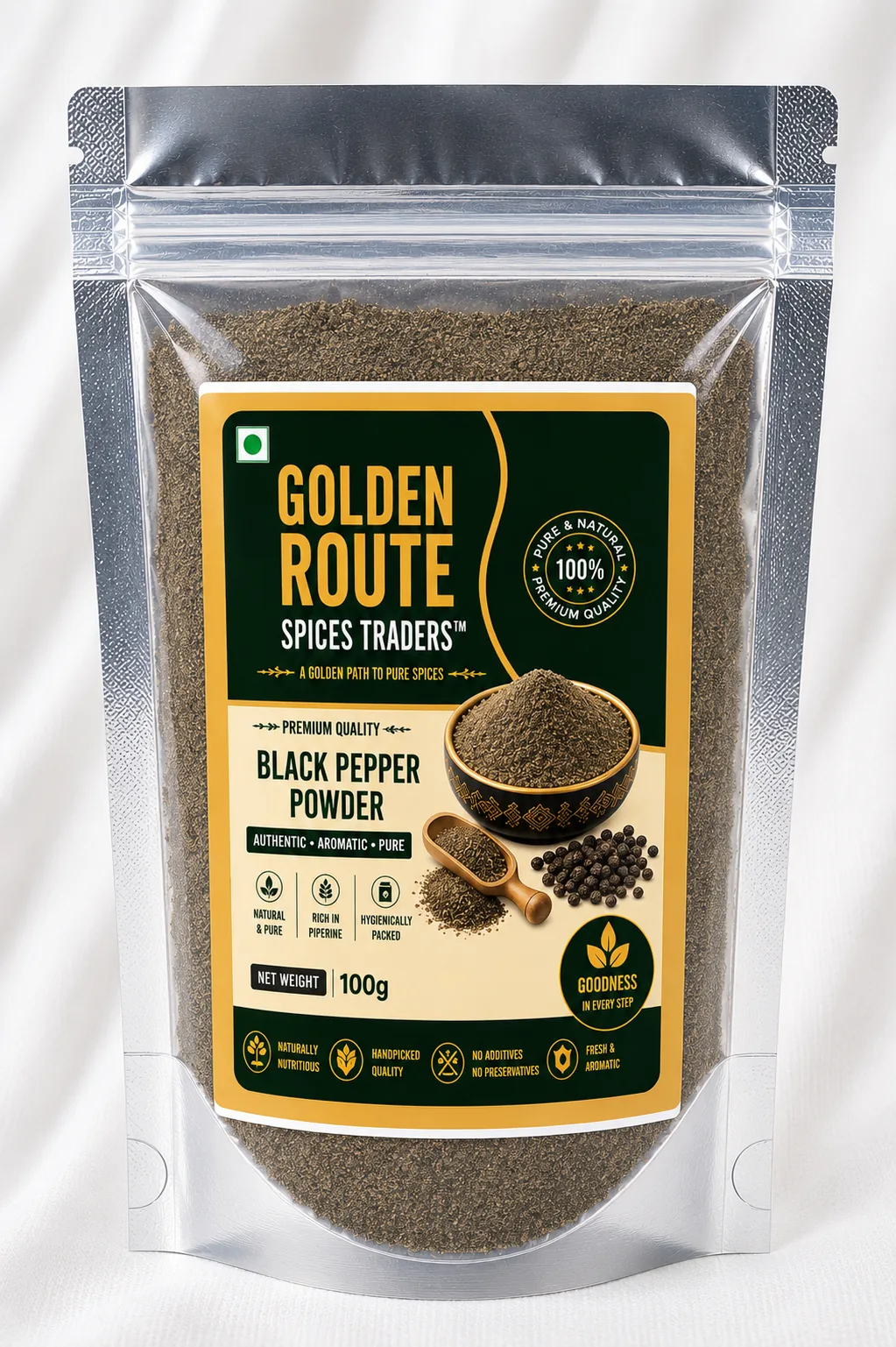 Black Pepper Powder 100g retail pack by Golden Route Spices Traders