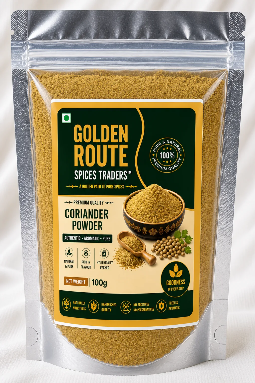 Coriander Powder 100g retail pack by Golden Route Spices Traders