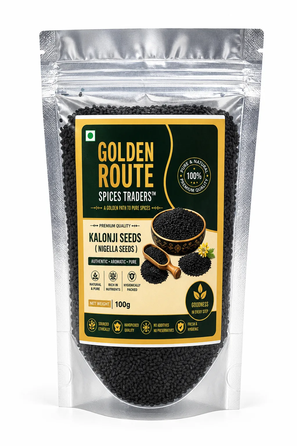 Whole Kalonji Seeds (Nigella Seeds) 100g retail pack by Golden Route Spices Traders